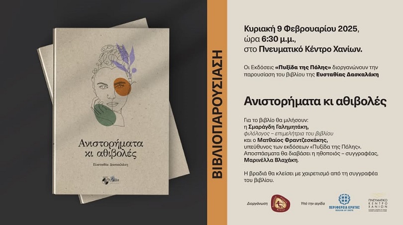 Παρουσίαση Βιβλίου “Ανιστορήματα κι αθιβολές” της Ευσταθίας Δασκαλάκη