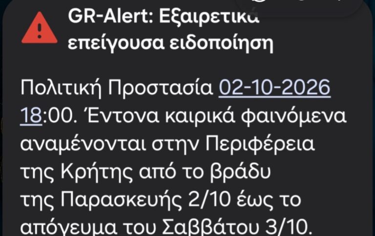 Μήνυμα του 112: Έντονα καιρικά φαινόμενα στην Κρήτη από το βράδυ της Παρασκευής